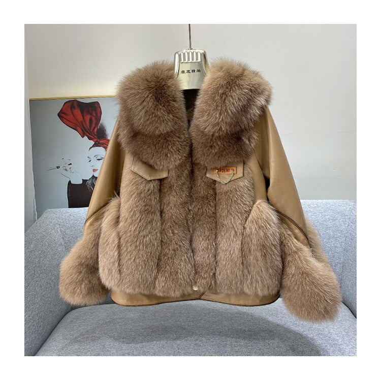 Sheepskin Fox Fur Trim Stitched Ladies Jacket