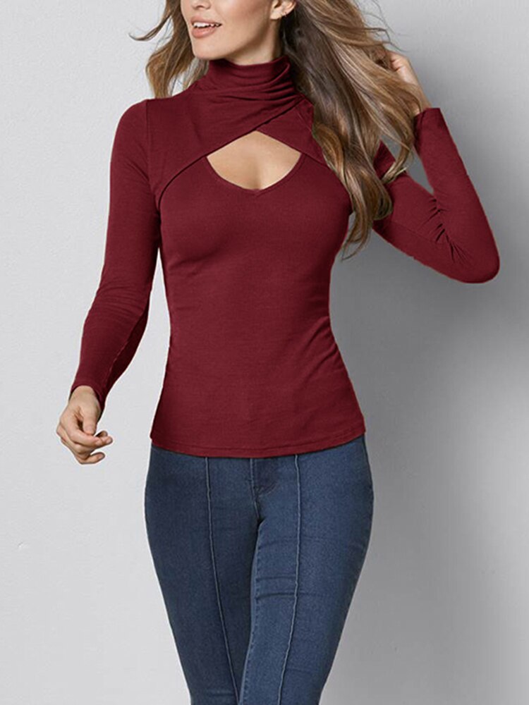 Threaded Slim Long Sleeve Hollow Out Knit Ladies Top