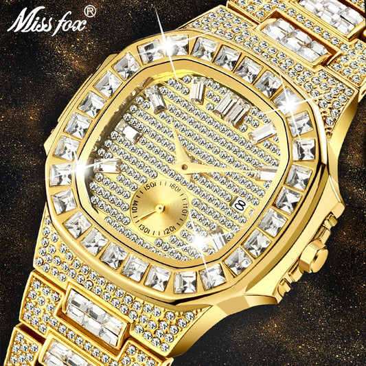 Men's 18K Gold Nano Vaccum Plated Fully Paved Baguette Diamond Waterproof Calendar Watches