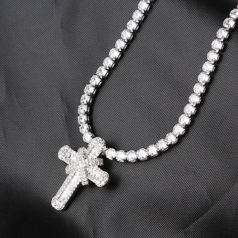 Unisex Cubic Zirconia Cross Tennis Pendant Necklace Chain