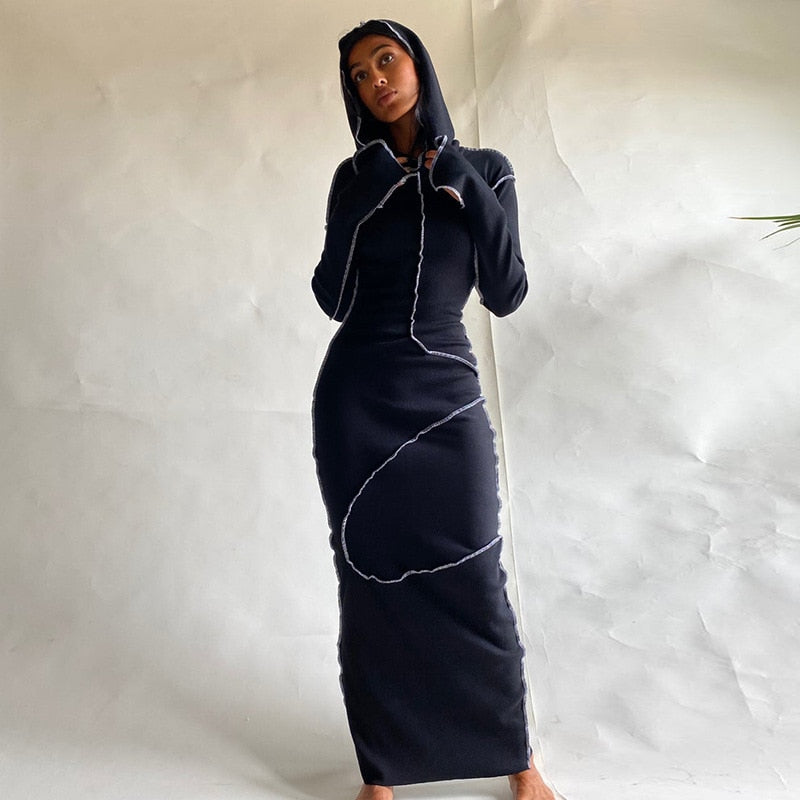 Long Sleeve Hooded Patchwork Maxi Dress