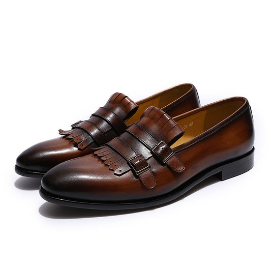 Men's Tassel Buckle Monk Strap Genuine Leather Dress Loafer Shoes