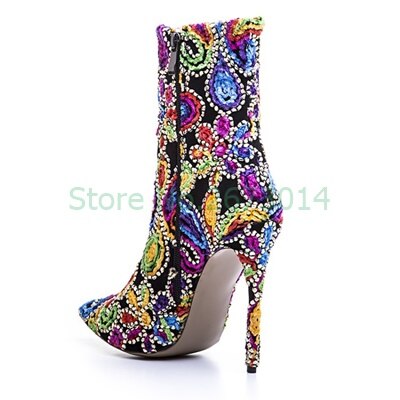 Paisley Crystal Studded Flower Stiletetto Heel Side Zipper Ankle Boots