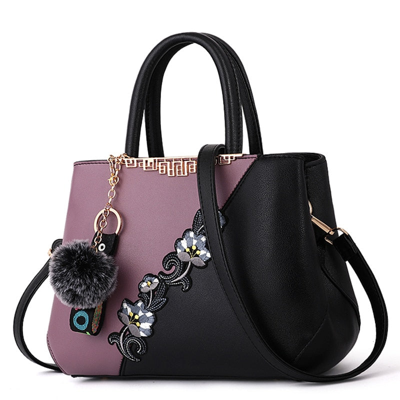 Colorblock Embroidered Messenger Leather Handbag