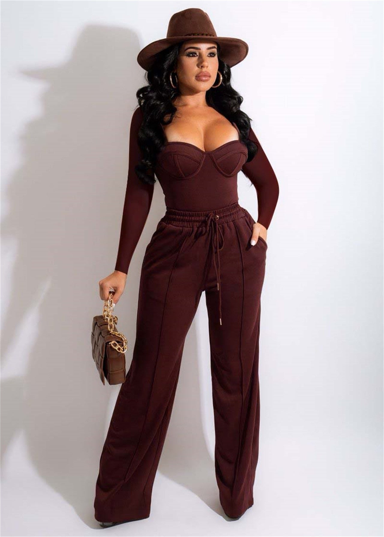 Long Sleeve V-Neck Top + Drawstring Pockets Wide Leg Pants 2-Piece Set