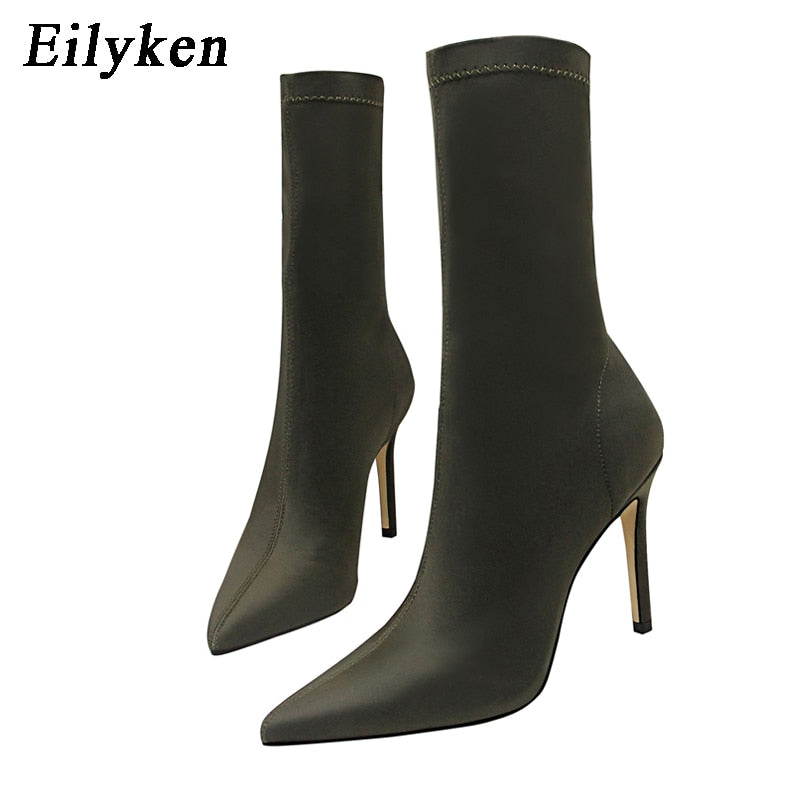 Stretch Fabric Pointed Toe Stiletto Ankle Boots