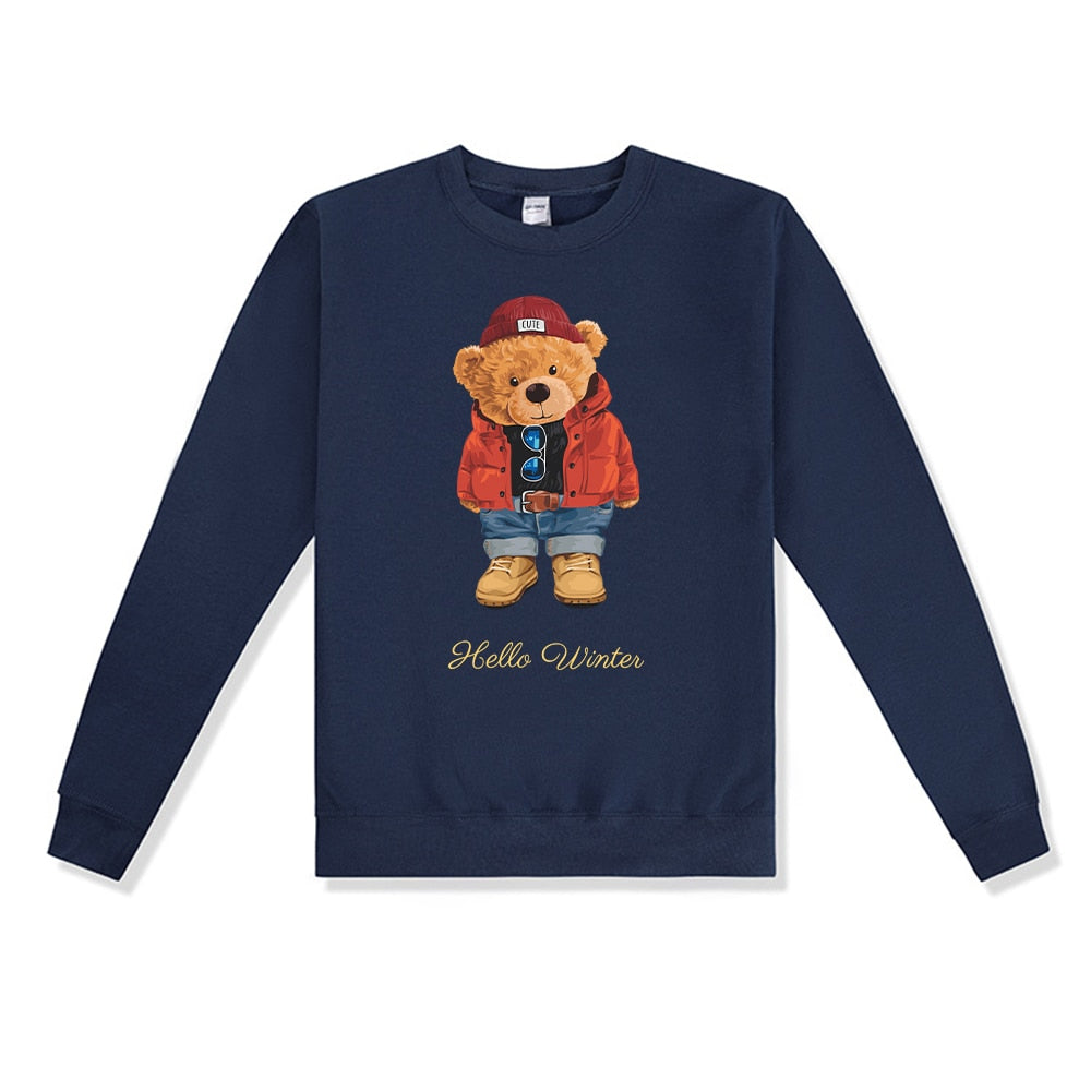 Teddy Bear "Hello Winter Letter" Printed Unisex Crewneck Sweatshirt Heavy Blend Crew Neck Sweatshirt