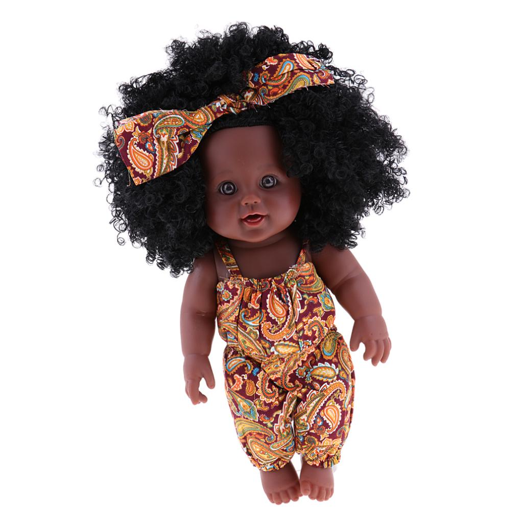 African-American Black Baby Girl Doll w/ Curly Afro, Headband & Jumpsuit