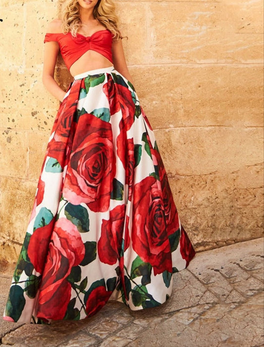 Floral Rose Design Bohemian Oversized Flared High Waist Maxi Skirt to 5X Plus Size