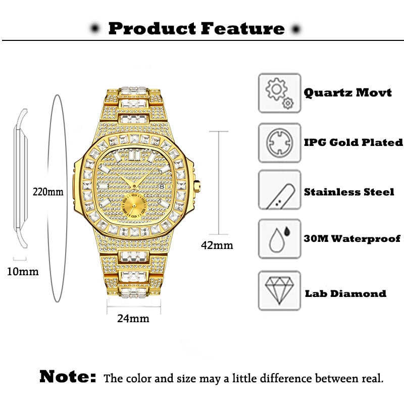 Men's 18K Gold Nano Vaccum Plated Fully Paved Baguette Diamond Waterproof Calendar Watches