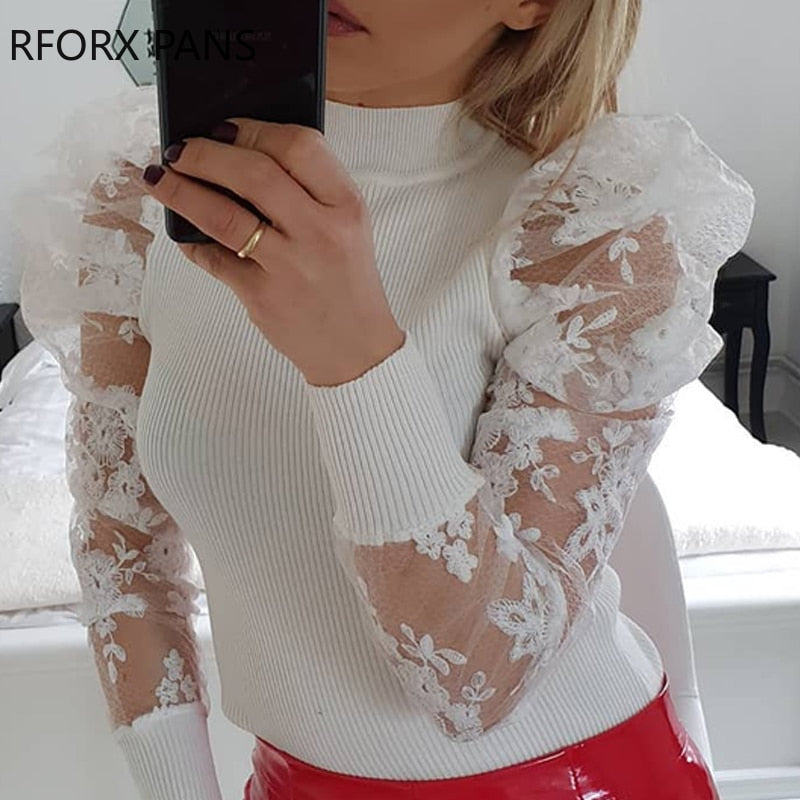 Lace Puff Sleeve Knit Blouse