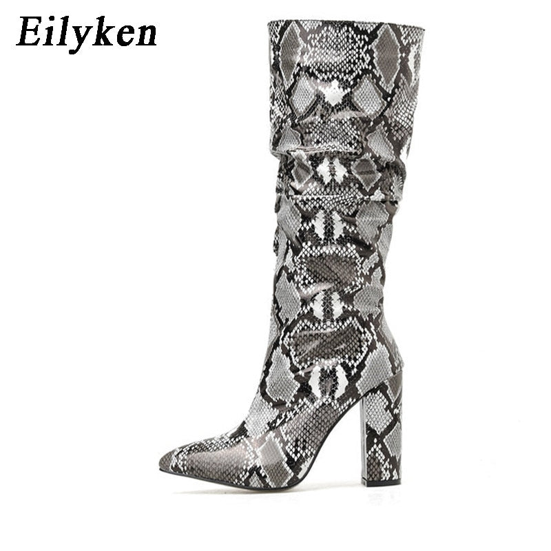 Pleated Colorful Snake Grain Knee High Pointed Toe Zipper Boots