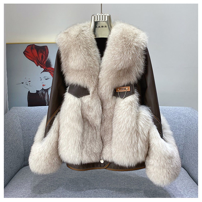 Sheepskin Fox Fur Trim Stitched Ladies Jacket