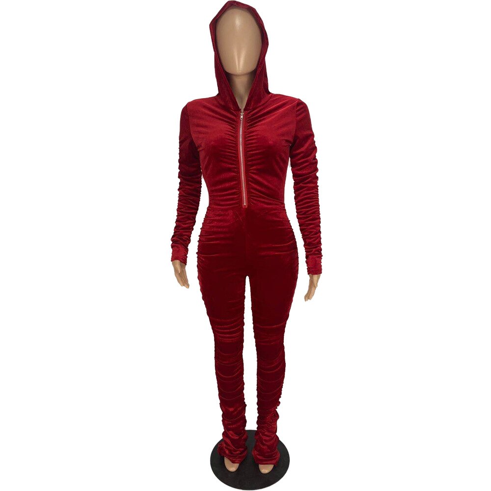 Velvet Hooded Solid Ruched Zipper Long Sleeve Jumpsuit