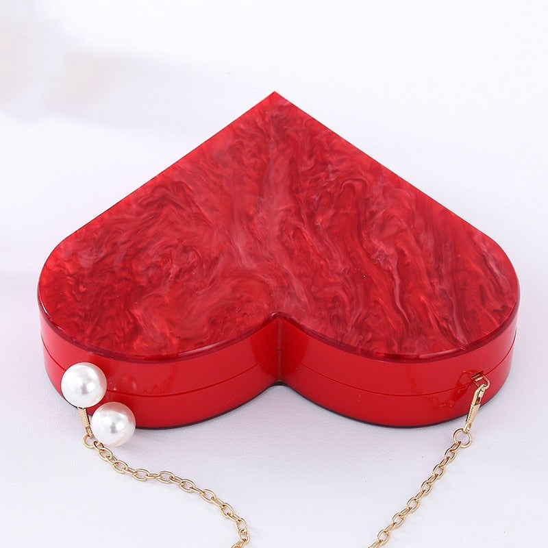 Designer Acrylic Clutch Red Heart Shape Pearl Chain Purse