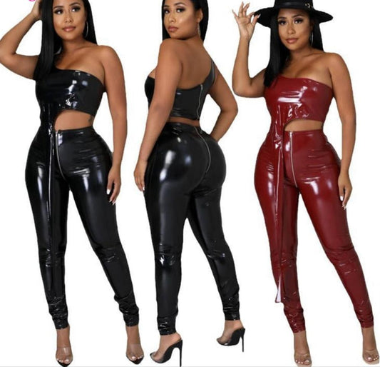 Asymmetrical Faux Leather One Shoulder Sleeveless Irregular Vest Crop Top + Zipper Pants 2-Piece Set