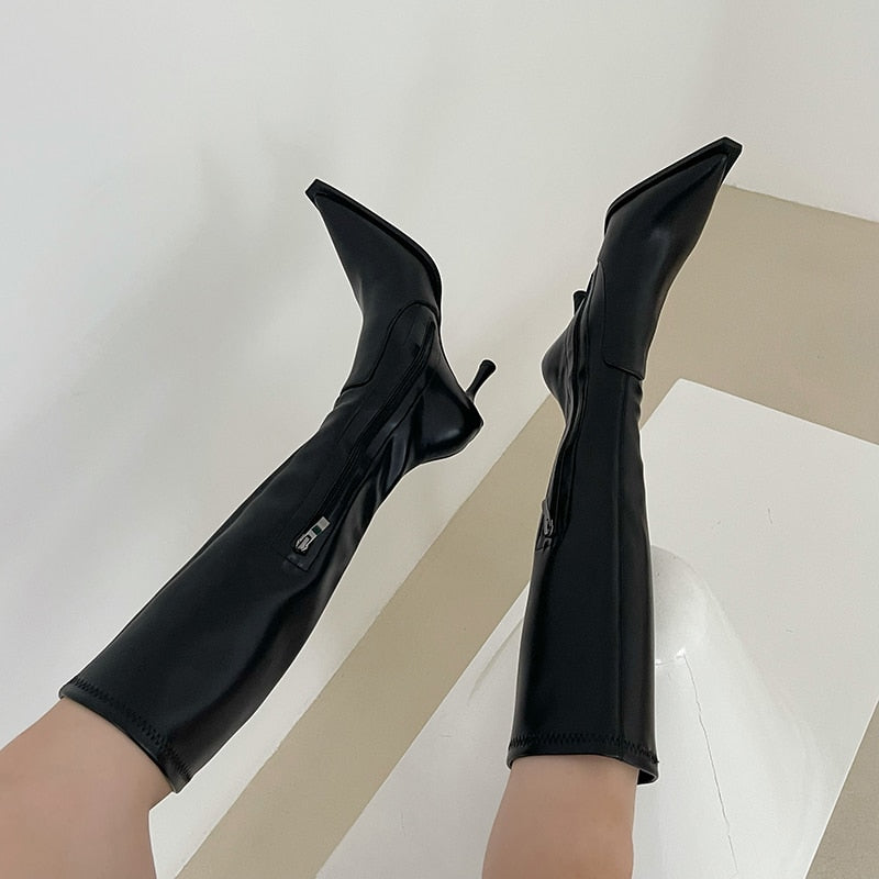 Stretch Fabric Knee High Women's Side Zipper Boots