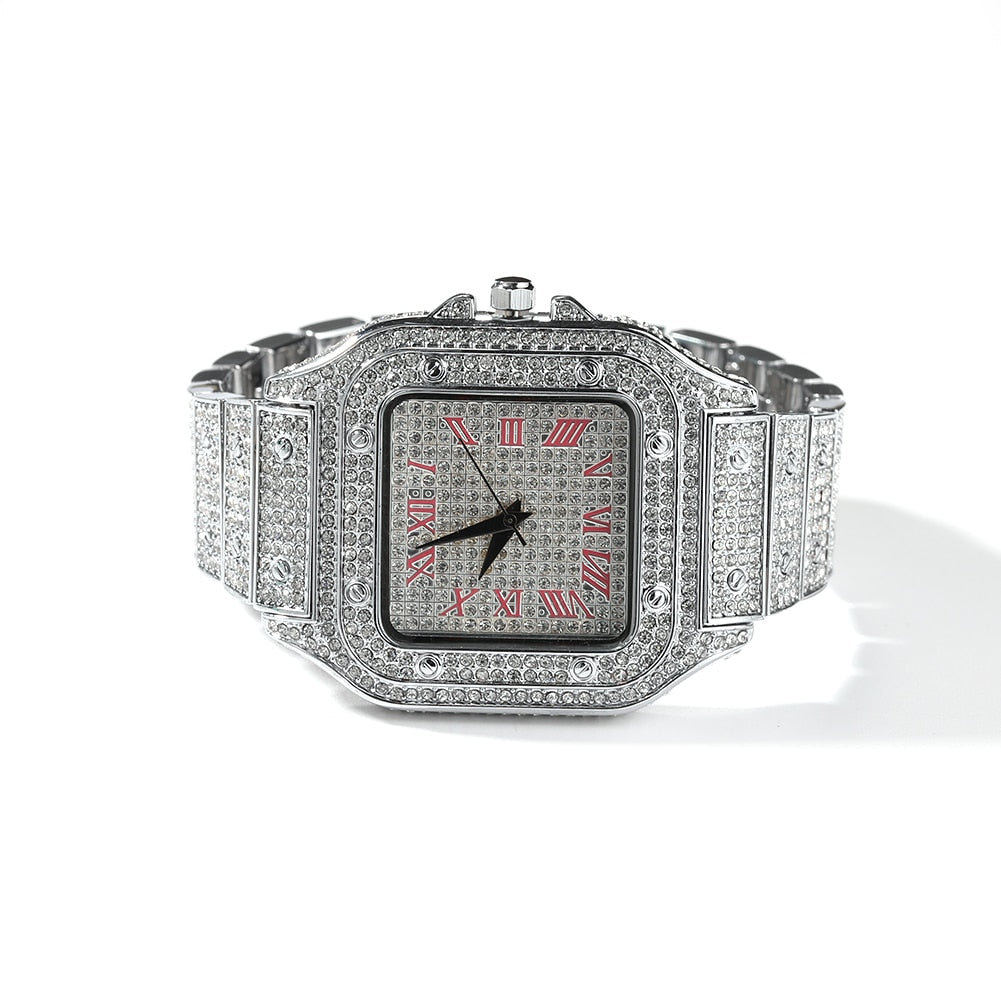 Hip Hop Full Iced Out Full Drill Square Stainless Steel Rhinestones Quartz Square Watch