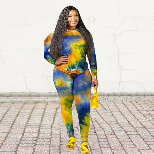 Plus Size Tie-Dye Long Sleeve Top and Legging Pants Set