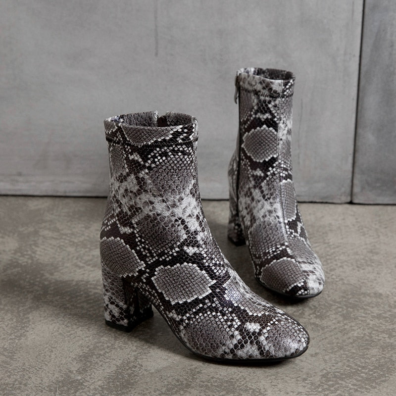 Snake Print Square Heel Ladies Ankle Boots