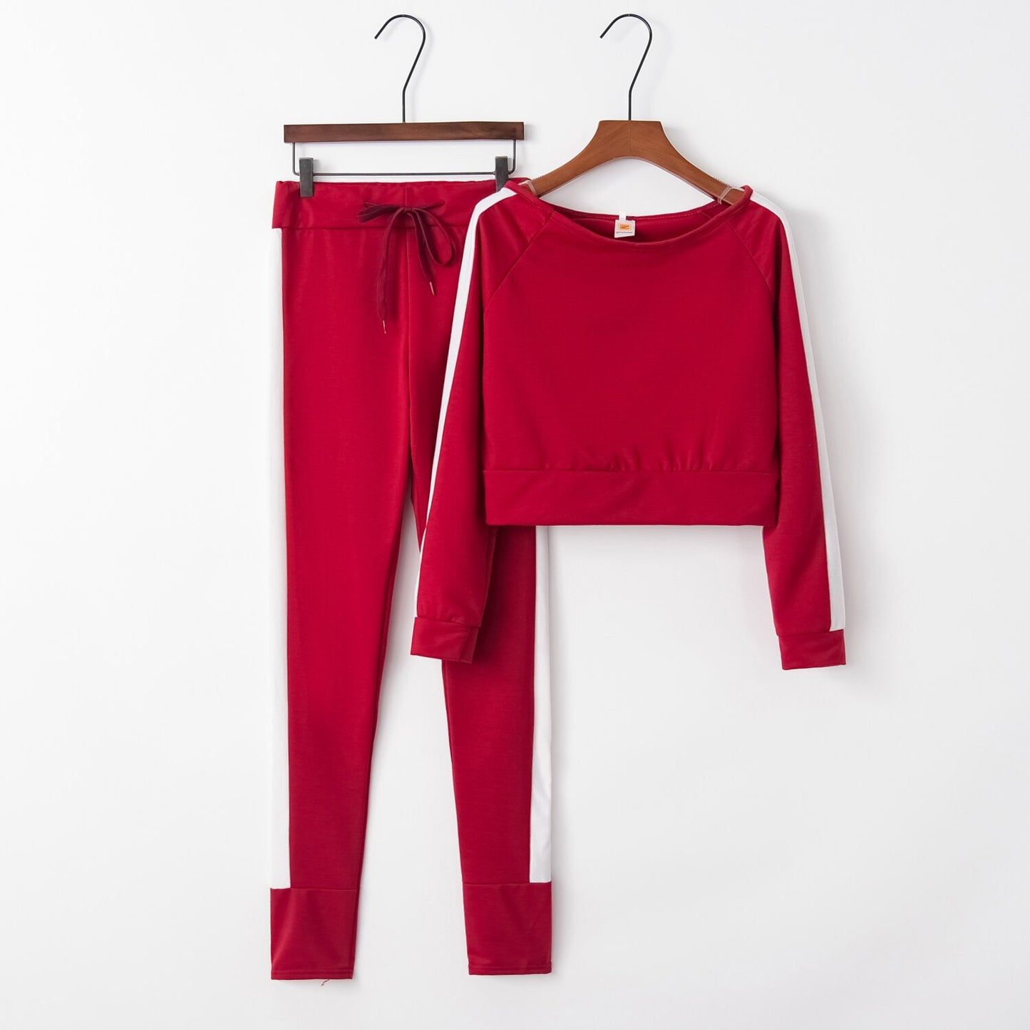 Patchwork Women's Set w/ Long Sleeve O-Neck Crop Top + Side Striped Sweatpants Tracksuit