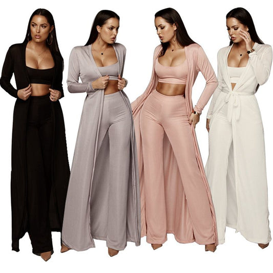 Bandage Solid Long Sleeve Maxi Cardigan, Loose Wide Leg Pants & Cropped Tank Top 3-Piece Set