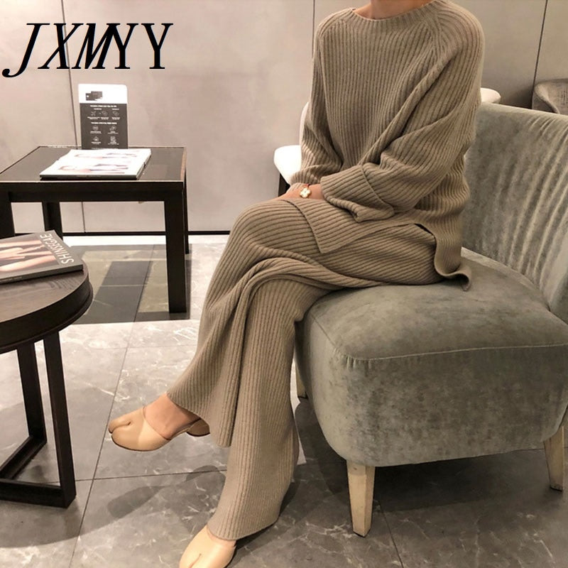 Knitted Pullover Sweater  + High Waist Loose Wide Leg Pants 2-Piece Set