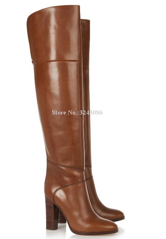 Auburn Brown Leather Chunky Heel Over the Knee Boots