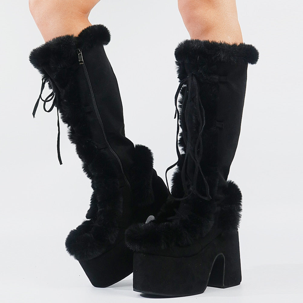 Fur Gothic Chunky Heel Platform Boots