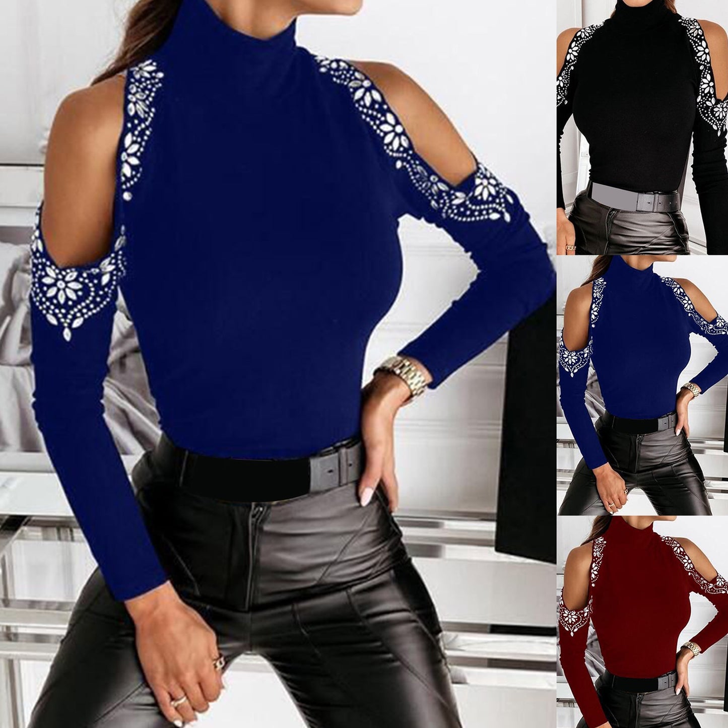 Turtle Neck Cold Shoulder Hot Drill Top