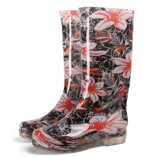 PVC Flower Round Toe Knee High Rain Boots