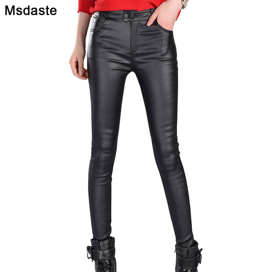 Black Faux Leather Slim High Waist Casual Ladies Pants