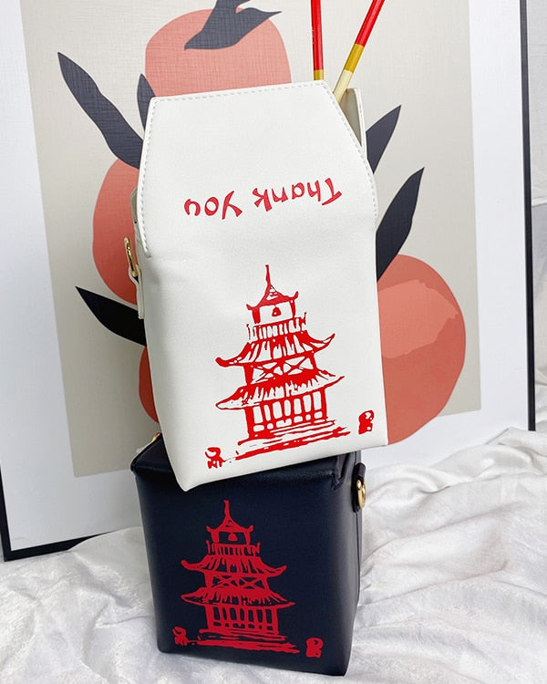 Chinese Takeout Box PU Leather Bucket Crossbody Purse