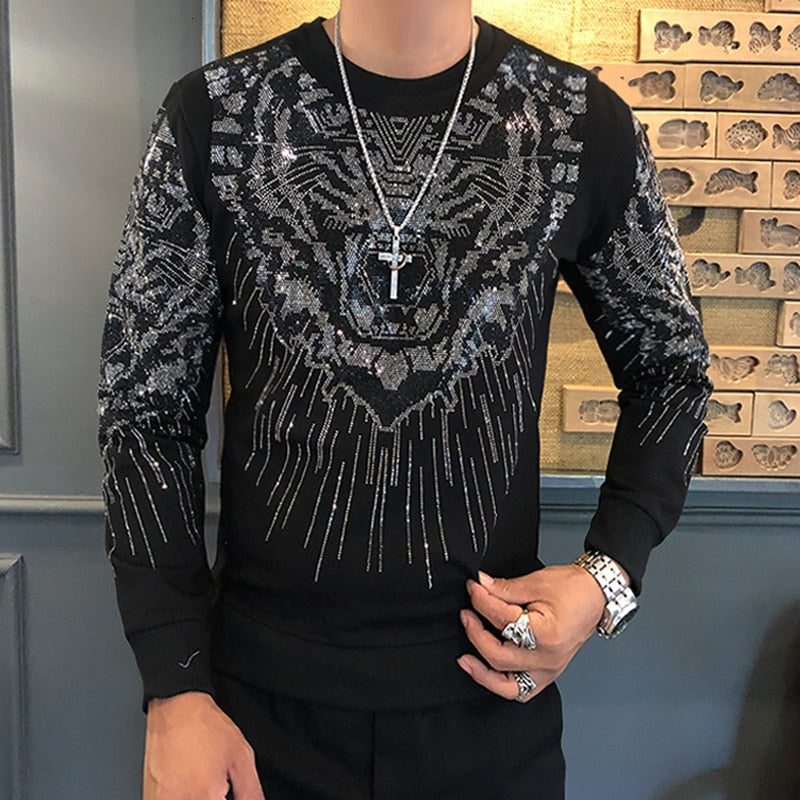 Men's Glitter Sparkling Tiger Head Long Sleeve Shirt