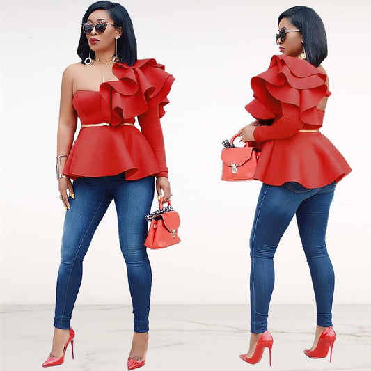 Asymmetrical Ruffled One Shoulder Solid Color Layered Long Sleeve Peplum Blouse