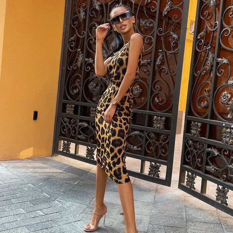 Leopard Print Backless Sheath Bodycon Sleeveless Dress