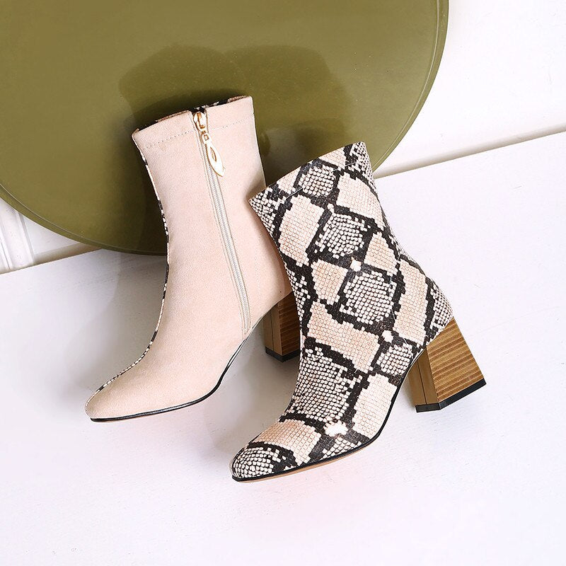 Snake Print Colorblock Patchwork Women's Zipper Ankle Boots