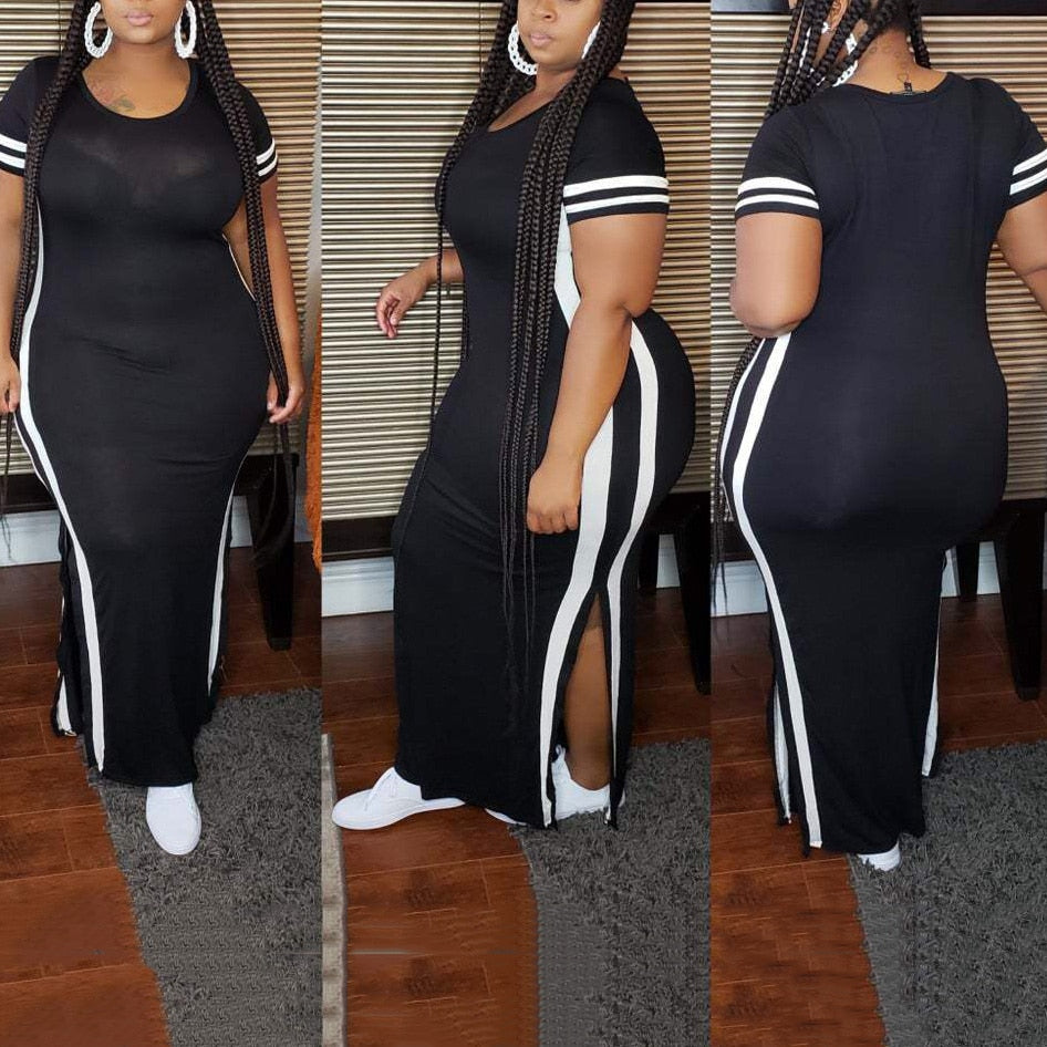 Short Sleeve Solid Side Striped Plus Size High Slit T-Shirt Dress to 5X