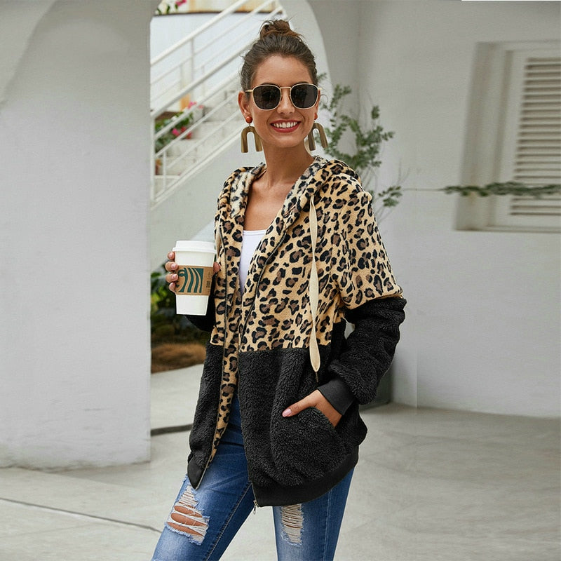 Leopard/Colorblock Women's Long Sleeve Zipper Hoodie Jacket