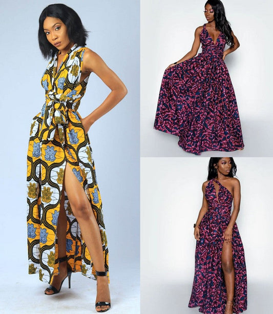 African Print Side Split Swing Maxi Wrap Dress