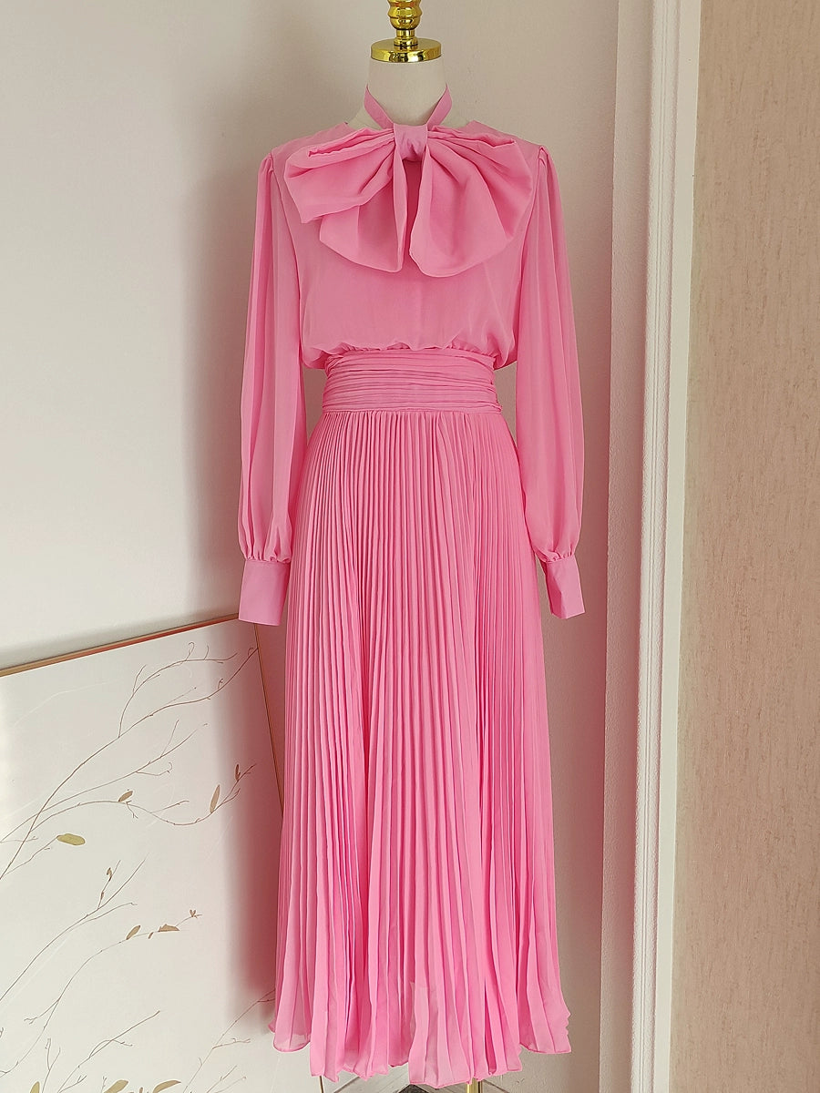 Pink Bowtie Neck French Style Slim Long Sleeve Pleated Skirt Dress