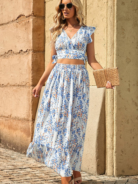 Lotus Leaf Print Crop V-Neck Top + Ruffled Hem Maxi Skirt Two-Piece Set