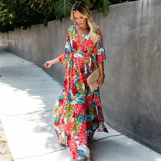 Leaf Print V-Neck Long Sleeve Maxi Dress