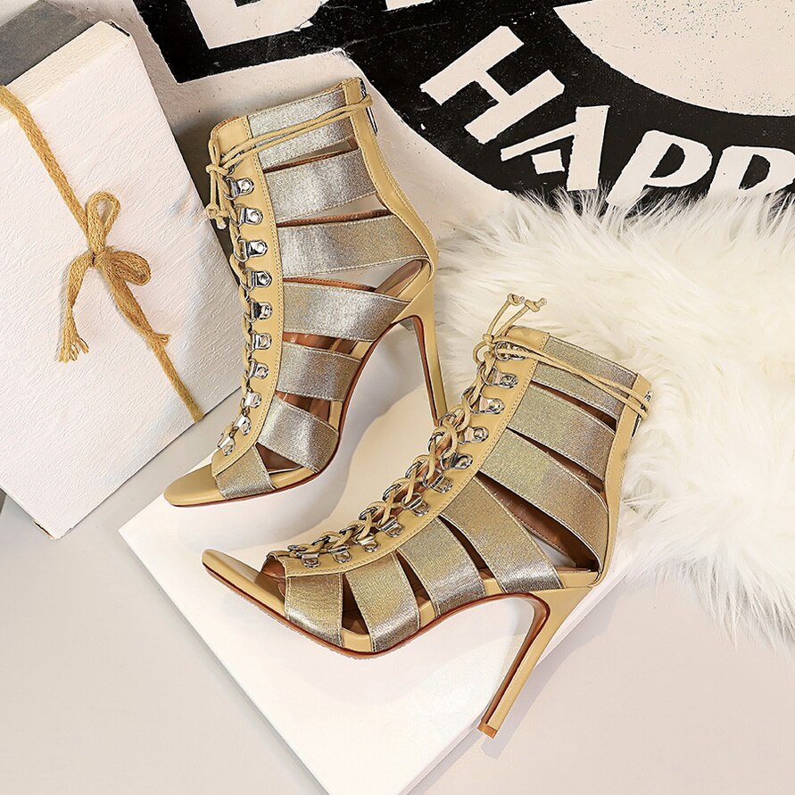 Stiletto Cross Strap Fish Mouth Hollow High-top Hole Roman Ankle Boots