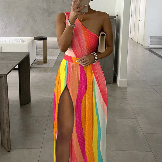 Pastel Colorblock One Shoulder High Slit Maxi Dress