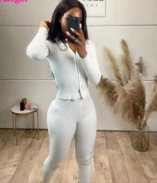 Ribbed Solid Knitted Turn Down Collar Long Sleeve Zipper Jacket + Skinny Leggings 2-Piece Set/Tracksuit