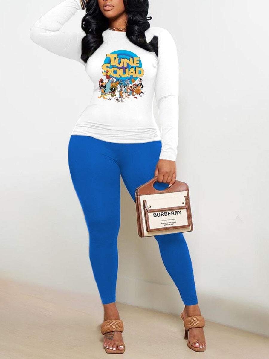 Tune Squad /Heart / IDK IDC IDGAF Printed Long Sleeve Women's O-Neck T-Shirt + Pants 2-Piece Set to 5X Plus Size