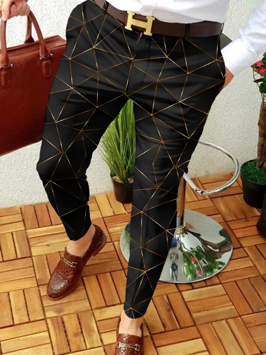 Men's Designer Print Business Mid Waist Zipper Straight Pants