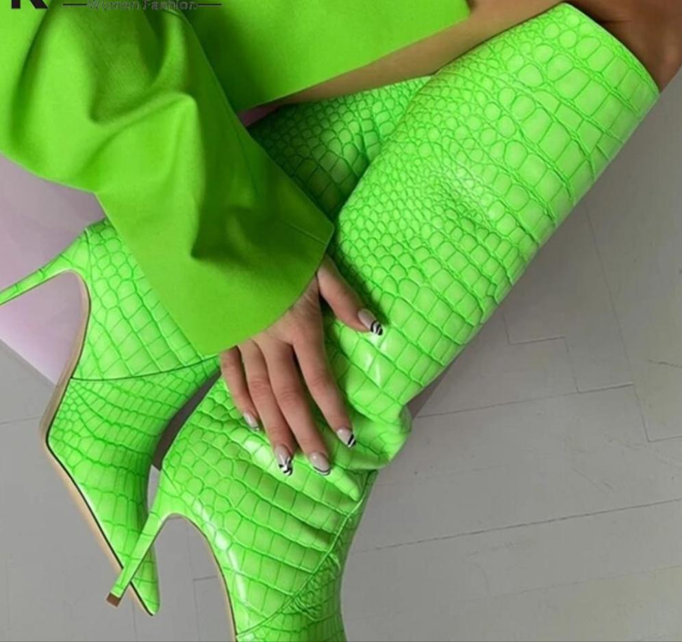 Neon Pointed Toe Stiletto Heel Knee High Women's Boots