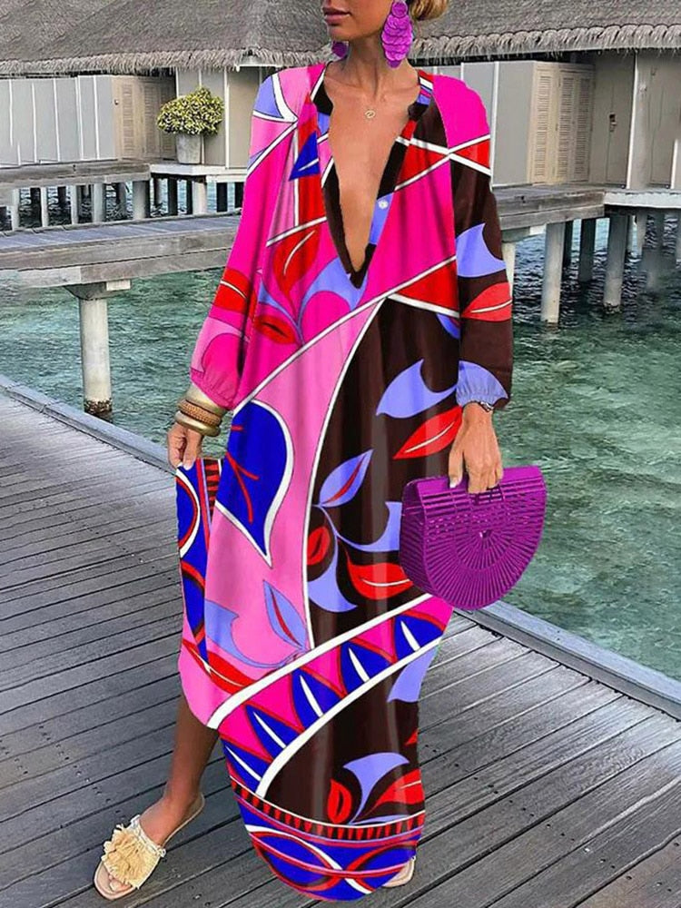 Bohemian Deep V-Neck Vintage Print Long Sleeve Maxi Dress